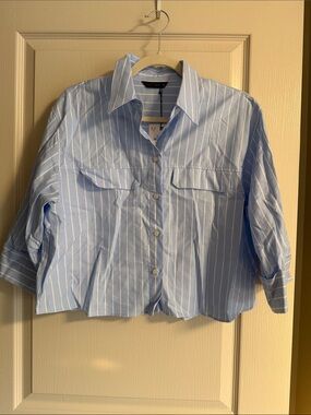 Zara Light Blue and White Striped Button-Up Shirt